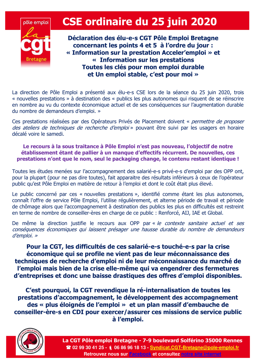 Cse 25 Juin 2020 Déclaration Des élu E S Cgt Concernant Les Points 4 Et 5 à Lordre Du Jour